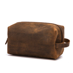 Brown Leather Men's Toiletry Bag Small Roomy Dopp Kit Clutch Wash Kit & Shaving Bag for Bathroom Organizer
