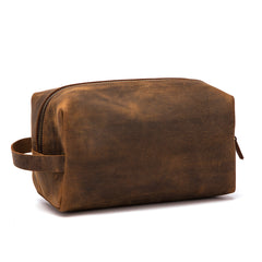 Brown Leather Men's Toiletry Bag Small Roomy Dopp Kit Clutch Wash Kit & Shaving Bag for Bathroom Organizer