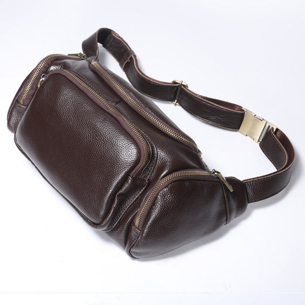 Coffee Large Capacity Leather Mens Fanny Packs Barrel Bum Bags Cool Waist Bag for Men