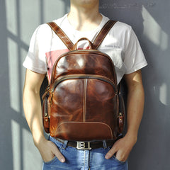 BROWN LEATHER MEN'S College Backpack Travel Backpack Leather Backpack For Men - iwalletsmen