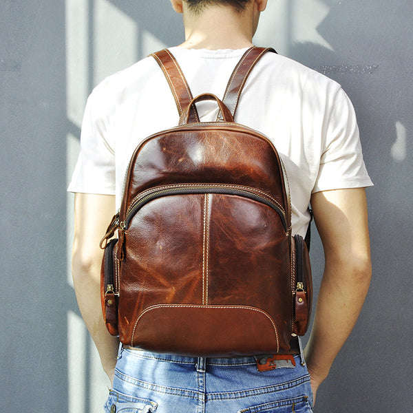 BROWN LEATHER MEN'S College Backpack Travel Backpack Leather Backpack For Men - iwalletsmen
