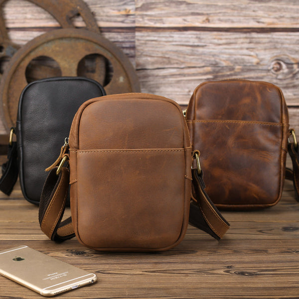 Black LEATHER MEN'S Small Side bag Brown Vertical Phone Bag MESSENGER BAG Courier Bag FOR MEN - iwalletsmen