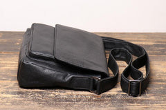 Black Leather Small Zipper Messenger Bag Small Side Bag Black Courier Bag Shoulder Bag For Men - iwalletsmen