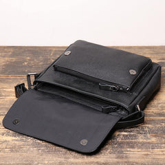 Black Leather Small Zipper Messenger Bag Small Side Bag Black Courier Bag Shoulder Bag For Men - iwalletsmen