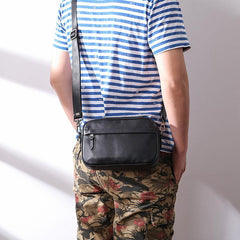 MIni Black Leather MENS Side Bag Black Small Leather Messenger Bag Courier Bag For Men - iwalletsmen