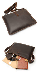 Slim Brown Leather Men's 13 inches Side Courier Bag Messenger Bag Briefcase Work Purse For Men - iwalletsmen