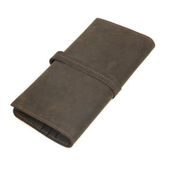 Coffee Leather Long Wallet for Men Checkbook Wallet Bifold Long Wallet With Coin Pocket For Men - iwalletsmen