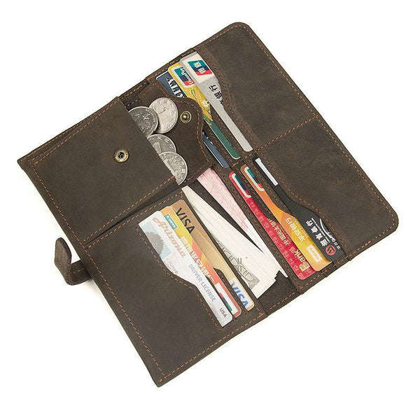 Coffee Leather Long Wallet for Men Checkbook Wallet Bifold Long Wallet With Coin Pocket For Men - iwalletsmen