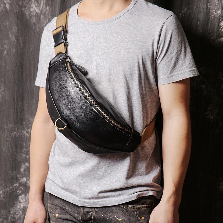 Slim Leather Black Fanny Pack Men's Black Chest Bag Hip Bag Small Wais –  iwalletsmen