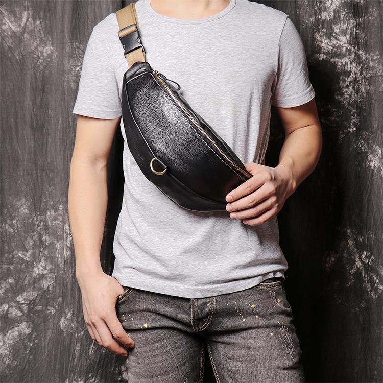 Slim Leather Black Fanny Pack Men's Black Chest Bag Hip Bag Small Wais –  iwalletsmen