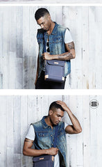 Canvas Leather Mens Vertical Side Bag Small Messenger Bags Khaki Canvas Courier Bags for Men - iwalletsmen
