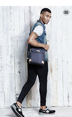 Canvas Leather Mens Vertical Side Bag Small Messenger Bags Khaki Canvas Courier Bags for Men - iwalletsmen