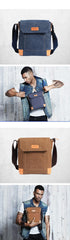 Canvas Leather Mens Vertical Side Bag Small Messenger Bags Khaki Canvas Courier Bags for Men - iwalletsmen