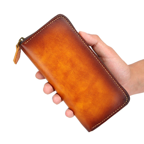 Cool Handmade Mens Brown Long Wallet Blue Bifold Card Wallet Zipper Clutch Wallet For Men - iwalletsmen