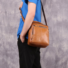 Cool Brown Leather Men's Small Vertical Side Bag Blue Vertical Messenger Bag For Men - iwalletsmen