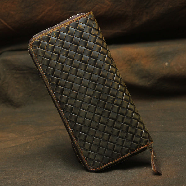 Vintage Braided Brown Leather Men's Clutch Long Wallet Zipper Long Wallet For Men - iwalletsmen