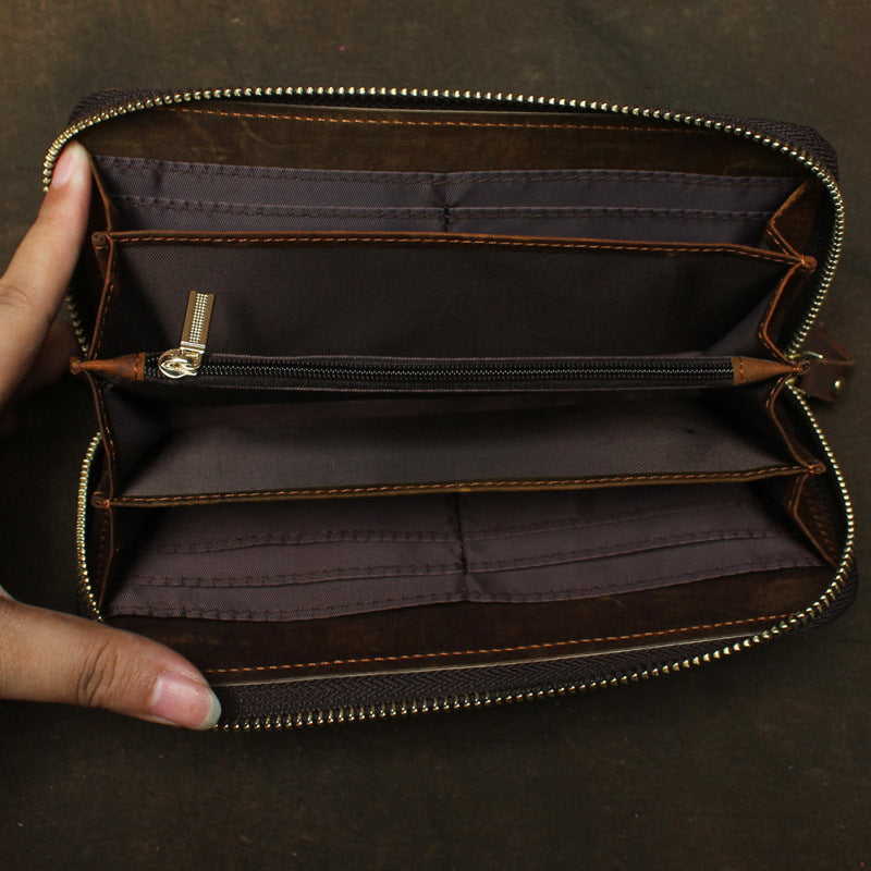 Vintage Braided Brown Leather Men's Clutch Long Wallet Zipper Long Wal ...