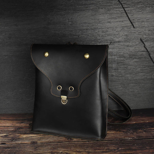 Black Slim Leather Mens Satchel Backpack Women Rucksack Vintage Leather School Backpack For Men