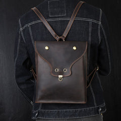 Black Slim Leather Mens Satchel Backpack Women Rucksack Vintage Leather School Backpack For Men
