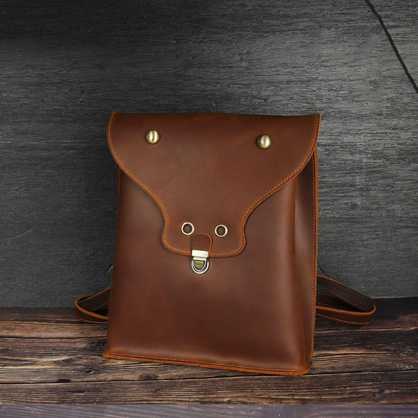 Brown Slim Leather Mens Satchel Backpack Women Rucksack Vintage Leather School Backpack For Men