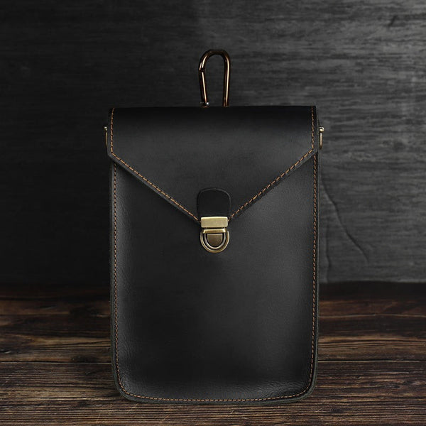 Black Slim Belt Pouch Leather Shoulder Bag Mens Waist Bag Black Crossbody Bag for Men