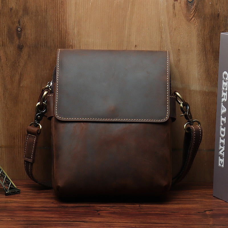 Small Leather Vertical Side Bag Leather Phone Crossbody Bag Mens Shoulder Bag for Men