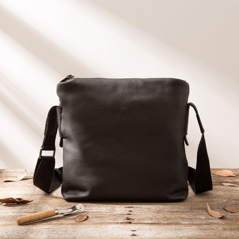Small Cool Black Square Leather Mens Messenger Bags Shoulder Bags for Men - iwalletsmen