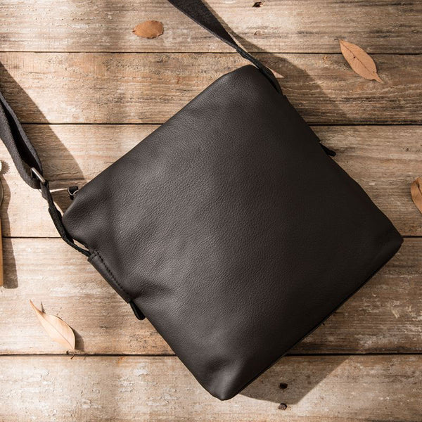 Small Cool Black Square Leather Mens Messenger Bags Shoulder Bags for Men - iwalletsmen