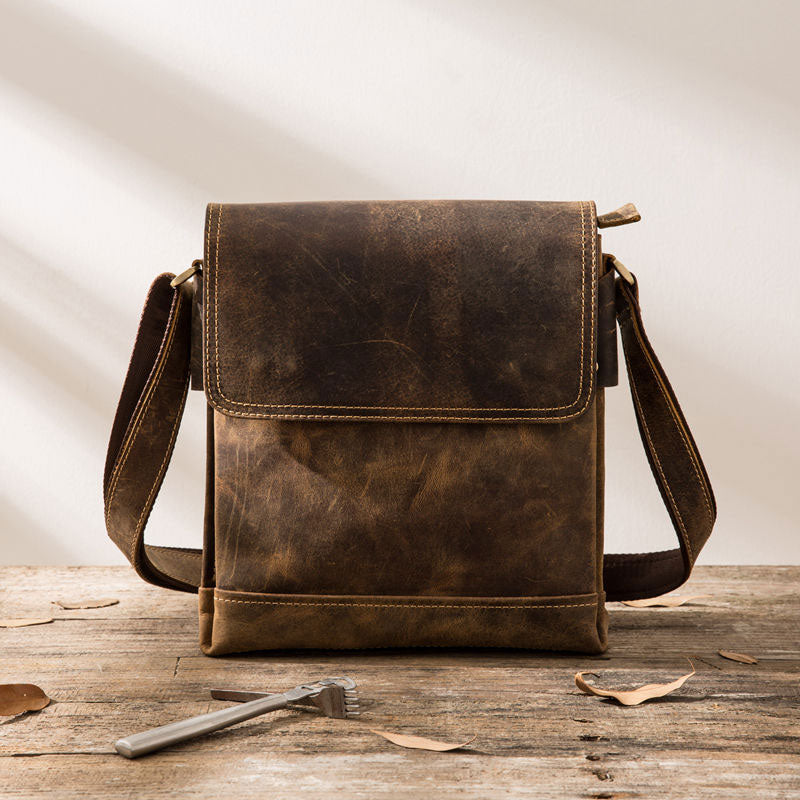 Cool Leather Small Messenger Bag Vintage Small Shoulder Bag Crossbody Bag  For Men