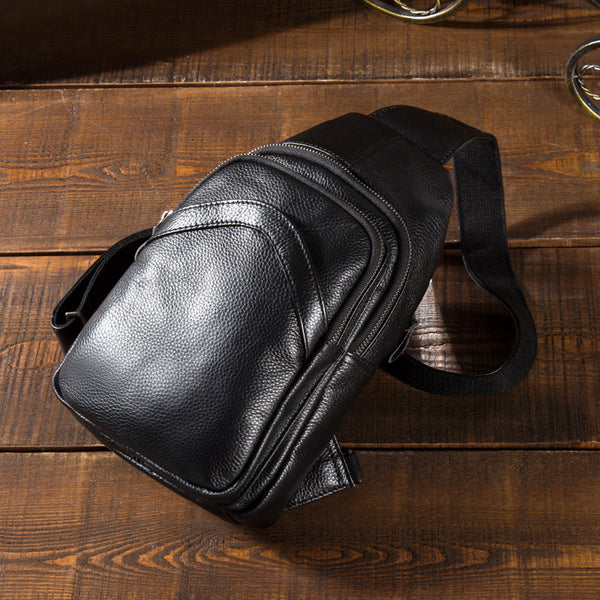 Soft Leather Mens Black One Shoulder Backpack Chest Bag Sling Bag Sling Crossbody Bag For Men - iwalletsmen