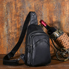 Soft Leather Mens Black One Shoulder Backpack Chest Bag Sling Bag Sling Crossbody Bag For Men - iwalletsmen