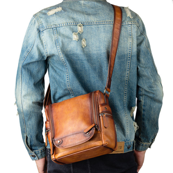 Best Brown Leather Men's Vertical Side Bag Square Roomy Messenger Bag For Men