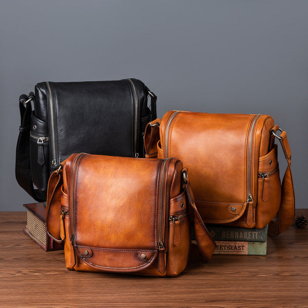 Best Leather Men's Vertical Side Bag Square Roomy Messenger Bag For Men