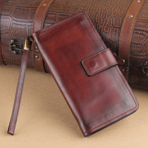 Genuine Leather Mens Cool Biker Chain Wallet Long Leather Wallet Slim Clutch Wristlet Wallet for Men