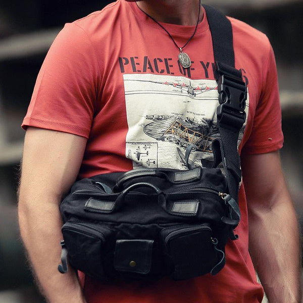 Black Canvas Leather Fanny Pack Crossbody Waist Bag Canvas Chest Sling Bag For Men - iwalletsmen