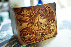 Handmade Leather Prajna Tooled Mens billfold Wallet Cool Slim Wallet Biker Wallet for Men