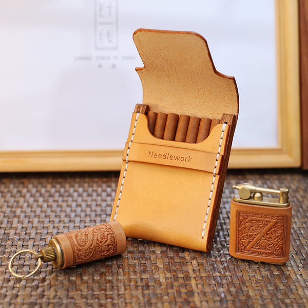 Cool Wooden Beige Leather Mens 7pcs Cigarette Case Custom Cigarette Holder for Men - iwalletsmen