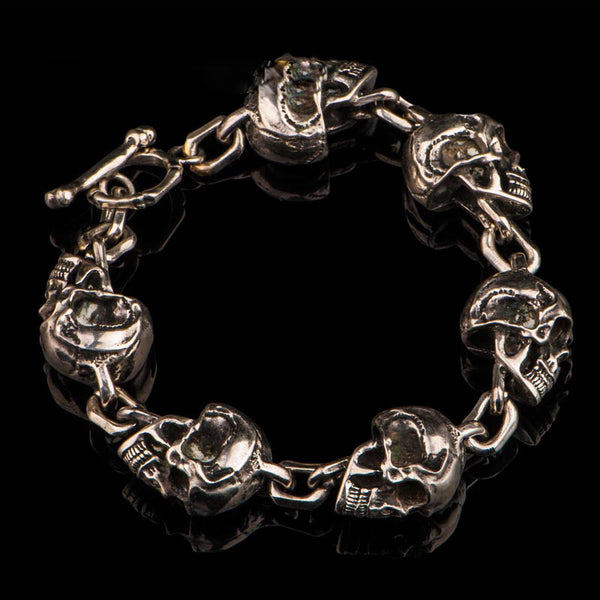 Silver Brass Stainless Steel Biker Trucker Skull Heavy Gothic Skulls Mens Bracelet Biker Jewelry