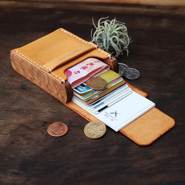 Handmade Wooden Brown Cool Leather Mens Wallet Small Card Holder Coin Wallet for Men - iwalletsmen
