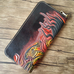 Handmade Leather Mahākāla Tooled Mens Long Wallet Cool Leather Wallet Clutch Wallet for Men
