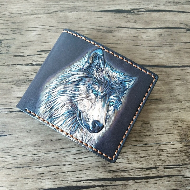 Handmade Leather Wolf Tooled Mens billfold Wallet Cool Leather Wallet Slim Wallet for Men