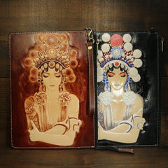 Handmade Leather Tooled Mens Cool Long Leather iPad Bag Wristlet Clutch Wallet for Men