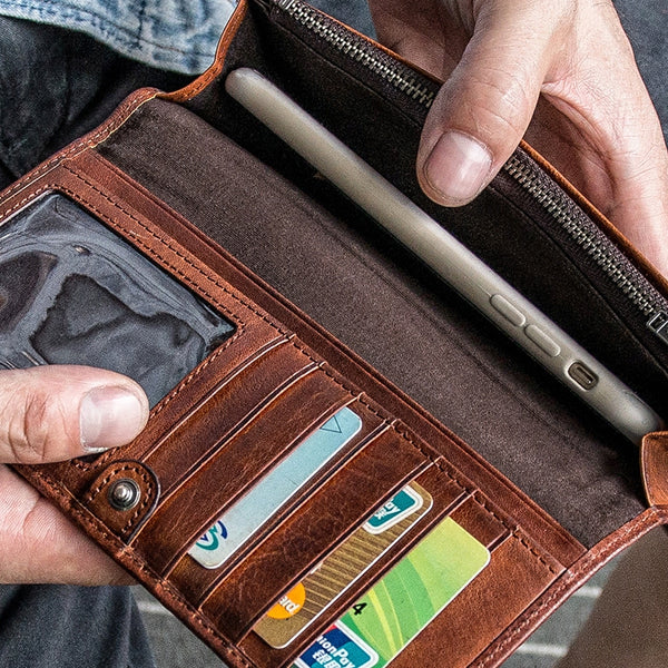 Handmade Leather Mens Cool Long Leather Wallet Bifold Clutch Wallet for Men - iwalletsmen