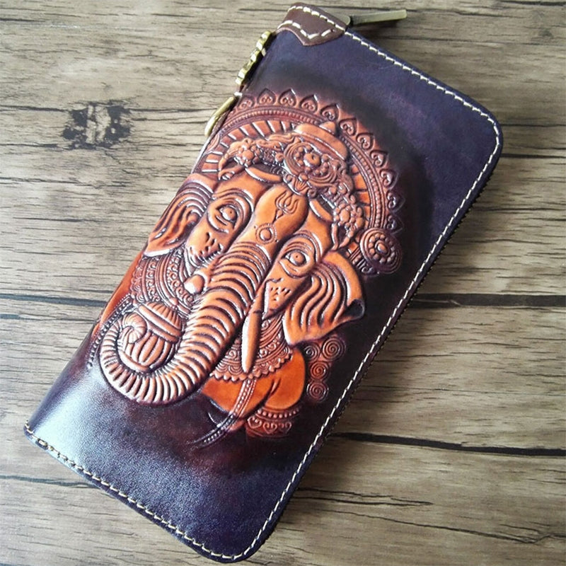 Handmade Leather Ganesha Tooled Mens Long Wallet Cool Leather Wallet Clutch Wallet for Men