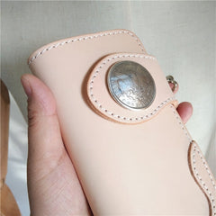 Handmade Beige Long Biker Wallets with Chain Cool Mens Leather Biker Chain Wallets - iwalletsmen