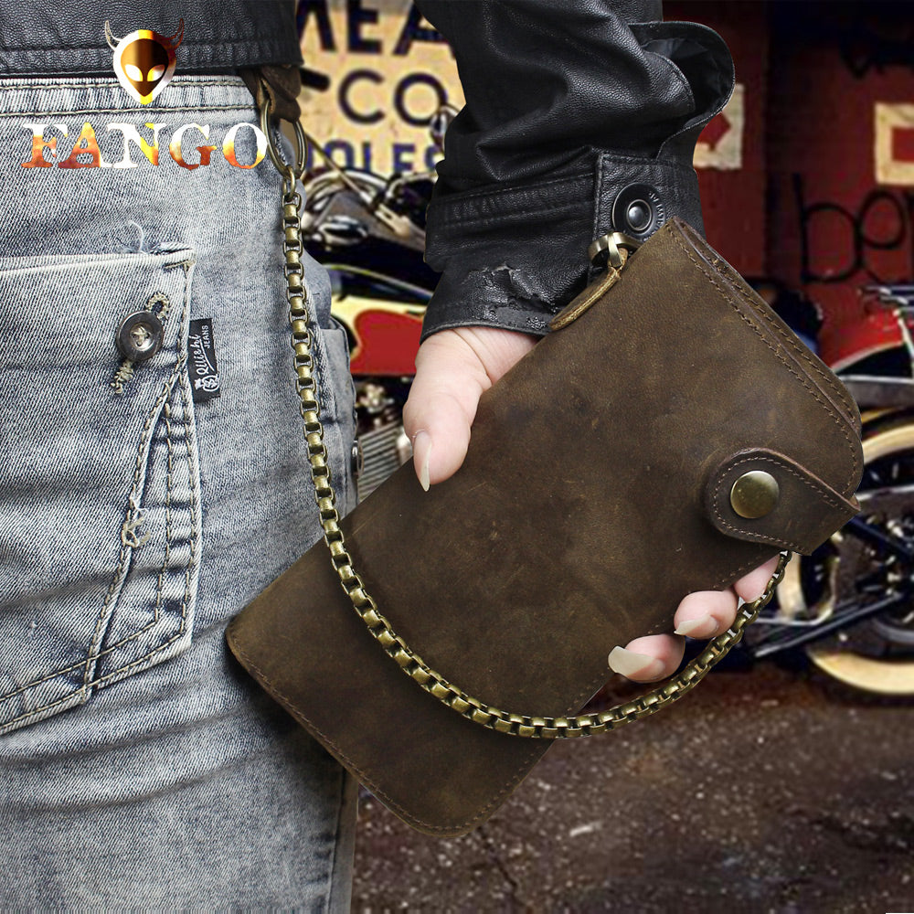 Dark Brown Genuine Cowhide Leather Wallet Chain