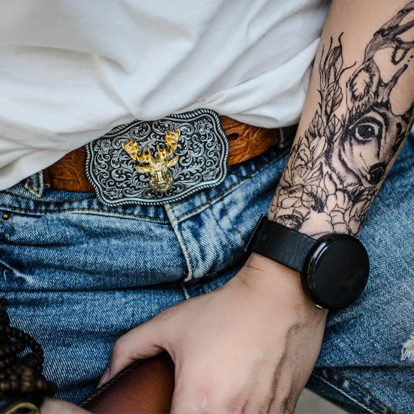 Handmade Genuine Leather Punk Rock Western Country Chinese Floral Deer Mens Cool Men Biker Trucker Leather Belt