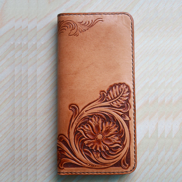 Handmade Leather Vintage Tooled Floral Mens Long Wallets Cool Long Wallet for Men - iwalletsmen