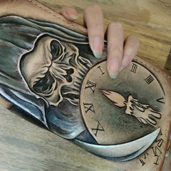 [On Sale]Handmade Leather Skull Death Tooled Mens Long Wallet Cool Leather Wallet Clutch Wallet for Men