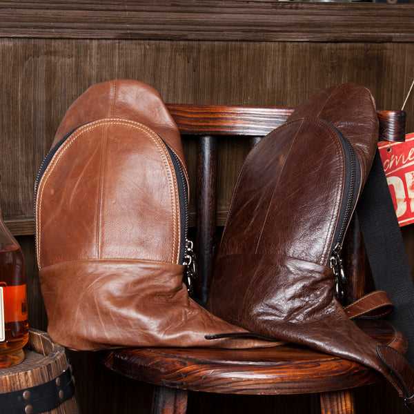 Cool Brown Leather Mens  Sling Bags Brown Crossbody Pack Chest Bag for men - iwalletsmen